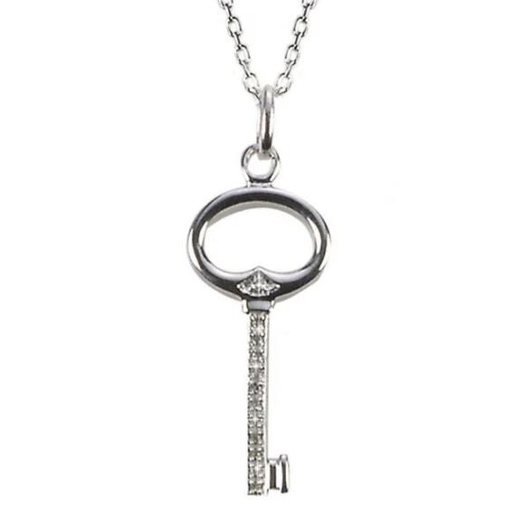 Sterling Silver 925 Designer SIGNED Diamond Chip Key Shaped Pendant Necklace - Picture 1 of 14